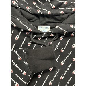 Champion Reverse Weave Hoodie Sweatshirt Men XS Black All Over Print Logo Cotton